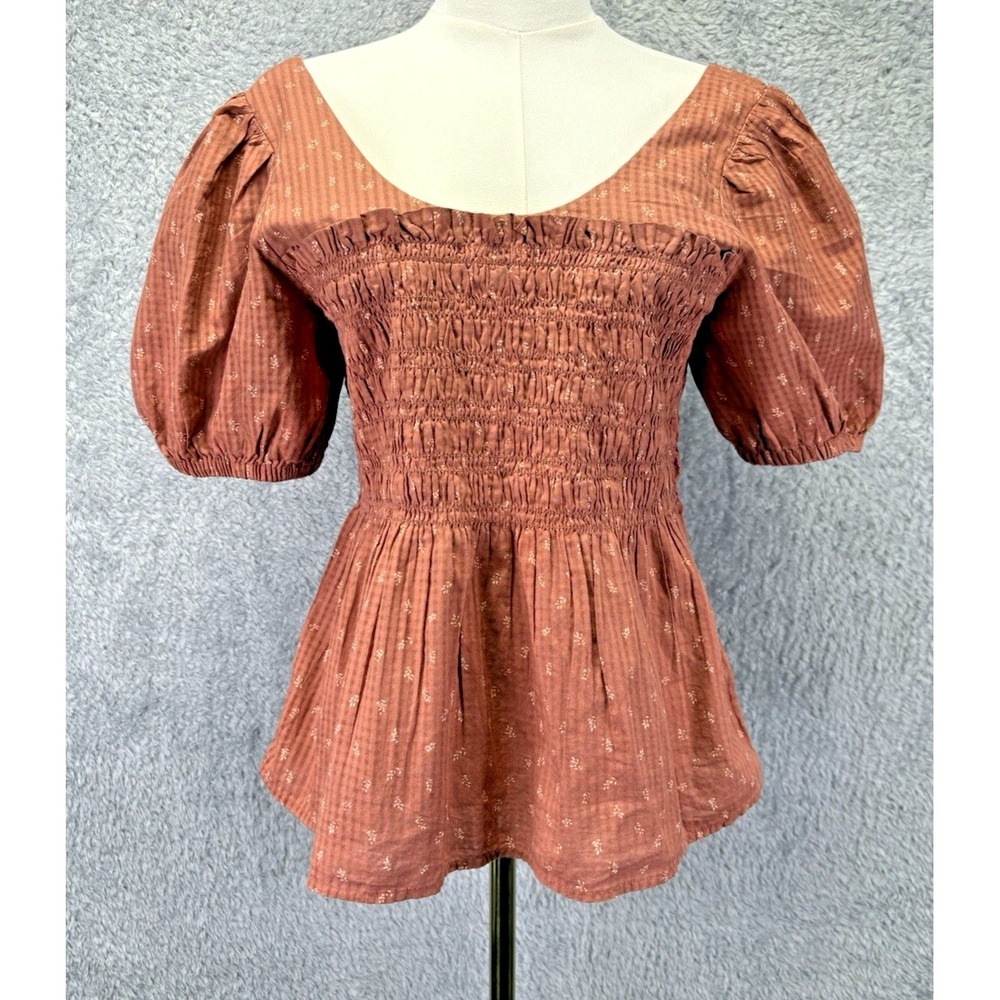Madewell Bubble Sleeve Smocked Peplum Top Berry Stems Womens Size 6 Floral Boho